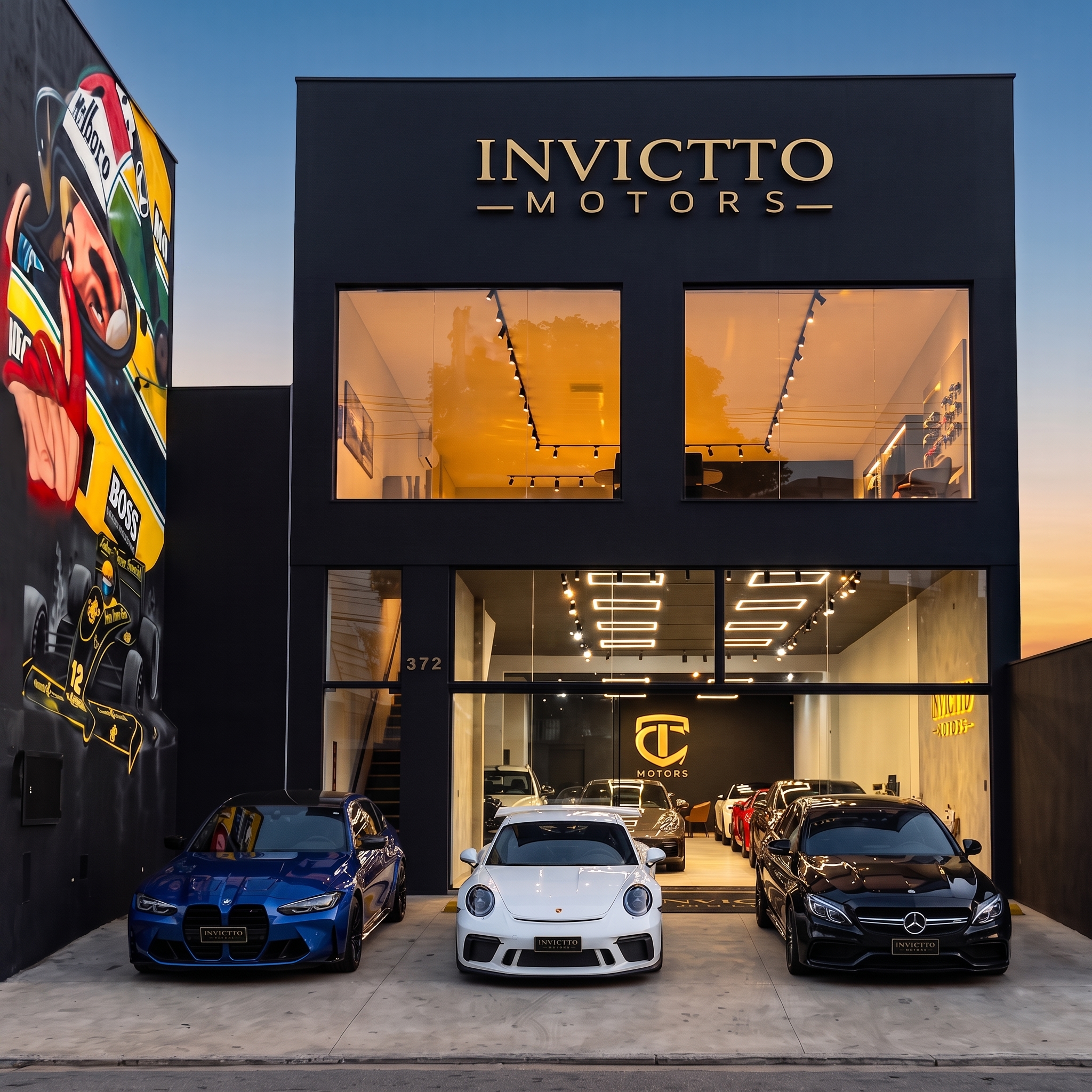 Fachada Invictto Motors com Mural Ayrton Senna